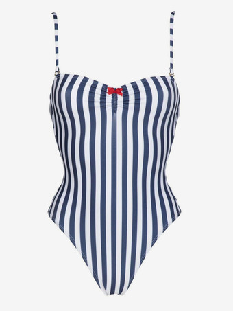 2025年夏、取り外し可能なショルダーストラップ付きのブルーストライプワンピース水着