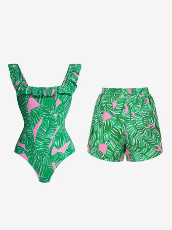 2025年夏向けトロピカルプリントのフリルワンピース水着とショーツセット