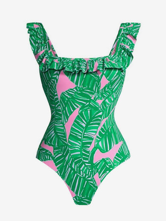 2025年夏向けトロピカルプリントのフリルワンピース水着とショーツセット