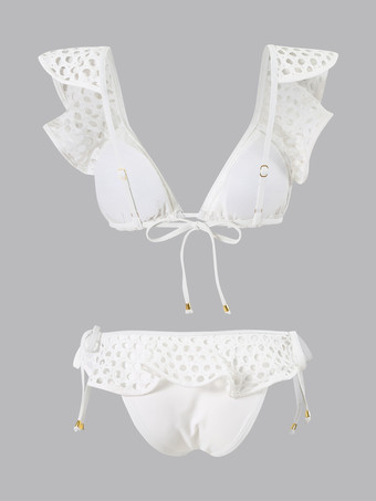 2025年夏向けホワイトメッシュフリルツーピース水着とマキシスカートセット