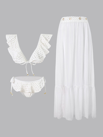 2025年夏向けホワイトメッシュフリルツーピース水着とマキシスカートセット