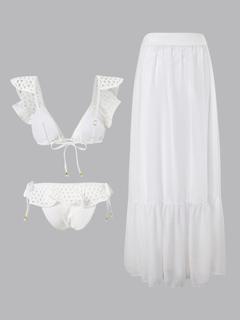 2025年夏向けホワイトメッシュフリルツーピース水着とマキシスカートセット