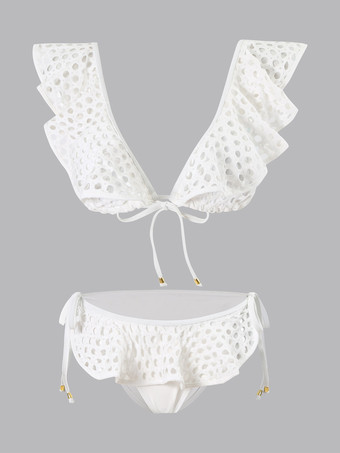 2025年夏向けホワイトメッシュフリルツーピース水着とマキシスカートセット