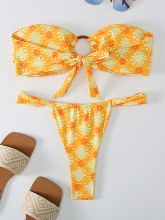 2025年夏用リングリンクプリントストラップレスビキニ2ピース水着