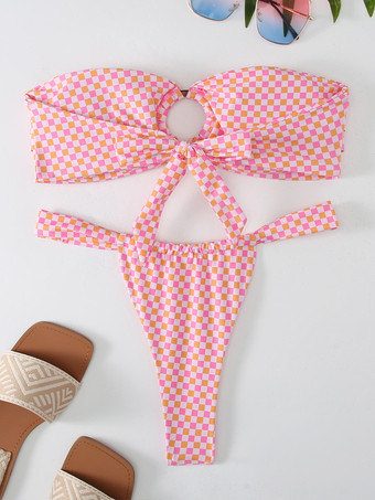 2025年夏用リングリンクプリントストラップレスビキニ2ピース水着