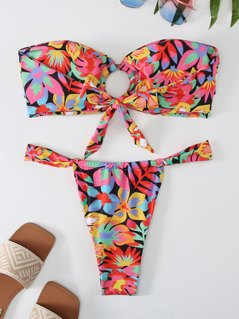 2025年夏用リングリンクプリントストラップレスビキニ2ピース水着