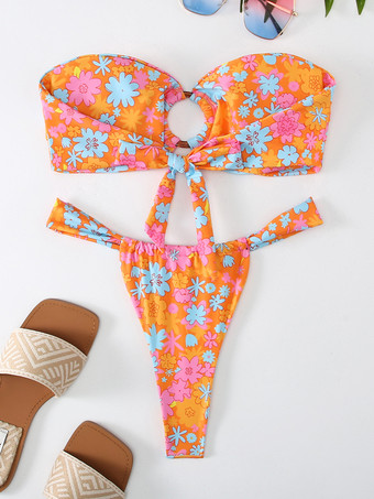 2025年夏用リングリンクプリントストラップレスビキニ2ピース水着