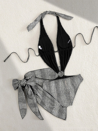 Conjunto de traje de baño de dos piezas con estampado de serpiente cuello en V monokini sexy y minifalda de baño 2025