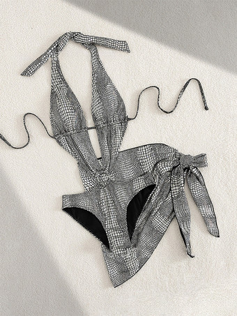 plateado Conjunto de traje de baño de dos piezas con estampado de serpiente cuello en V monokini sexy y minifalda de baño 2025