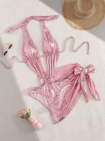 RosaConjunto de traje de baño de dos piezas con estampado de serpiente cuello en V monokini sexy y minifalda de baño 2025