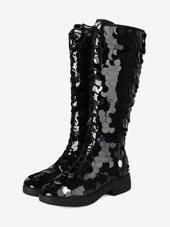 ブラック スパンコール付きニーハイブーツ レースアップ ラウンドトゥ フラットブーツ レディース