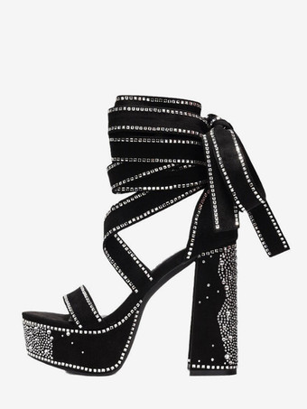 ブラック ブラック ハイヒール サンダル プラットフォーム オープントゥ ラインストーン レースアップ パーティーシューズ