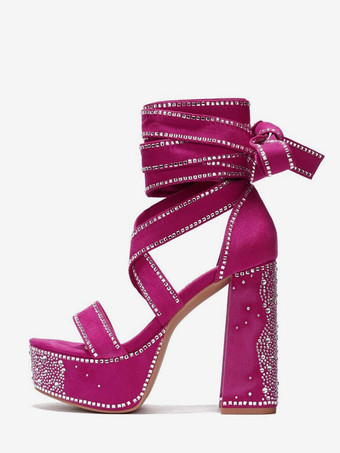 ローズレッドブラック ハイヒール サンダル プラットフォーム オープントゥ ラインストーン レースアップ パーティーシューズ