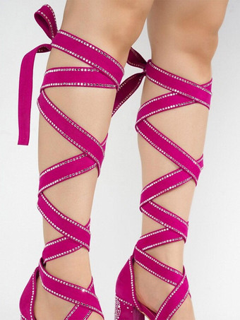 ブラック ハイヒール サンダル プラットフォーム オープントゥ ラインストーン レースアップ パーティーシューズ