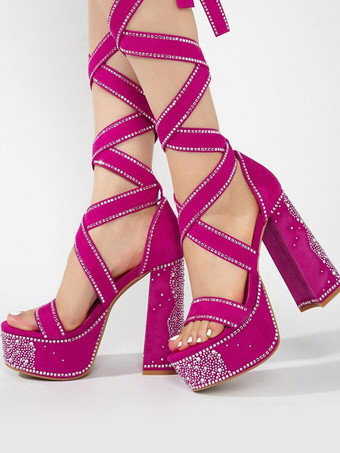 ブラック ハイヒール サンダル プラットフォーム オープントゥ ラインストーン レースアップ パーティーシューズ