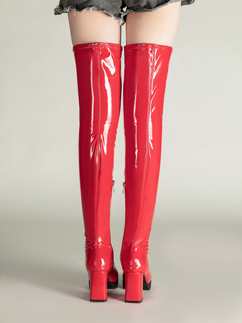 Stivali neri sexy sopra il ginocchio con tacco medio spesso e punta quadrata stivali alti fino alla coscia