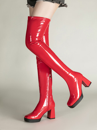 Rosso Stivali neri sexy sopra il ginocchio con tacco medio spesso e punta quadrata stivali alti fino alla coscia
