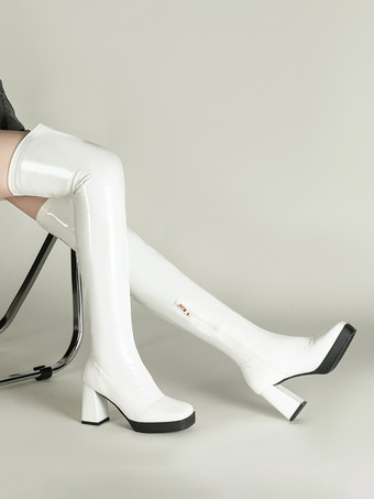 Stivali neri sexy sopra il ginocchio con tacco medio spesso e punta quadrata stivali alti fino alla coscia