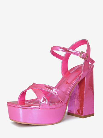 ローズレッドプラットフォームハイヒールサンダルメタリックオープントゥアンクルストラップサンダルシューズ