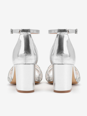 Scarpe da ballo con tacco largo in argento punta aperta perline tacco medio