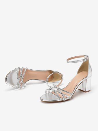 Scarpe da ballo con tacco largo in argento punta aperta perline tacco medio