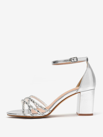 Scarpe da ballo con tacco largo in argento punta aperta perline tacco medio