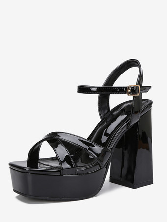 ブラック プラットフォームハイヒールサンダルメタリックオープントゥアンクルストラップサンダルシューズ