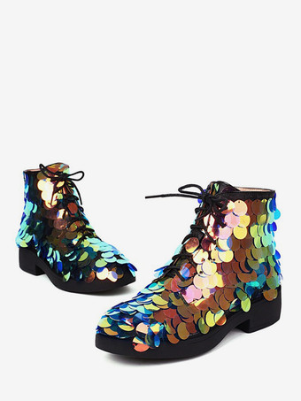 or Bottines plates à lacets et bout rond pour femme à paillettes