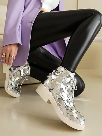 Bottines plates à lacets et bout rond pour femme à paillettes