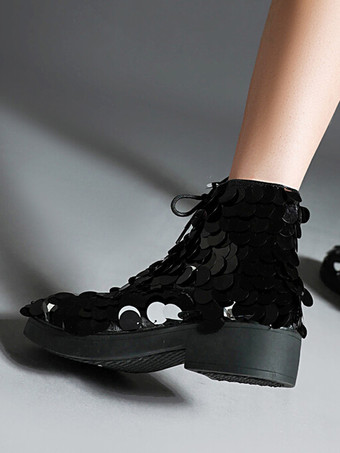 noir Bottines plates à lacets et bout rond pour femme à paillettes