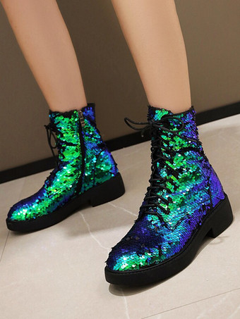グリーン スパンコール アンクルブーツ フラット ラウンドトゥ レースアップ ブーティ レディース
