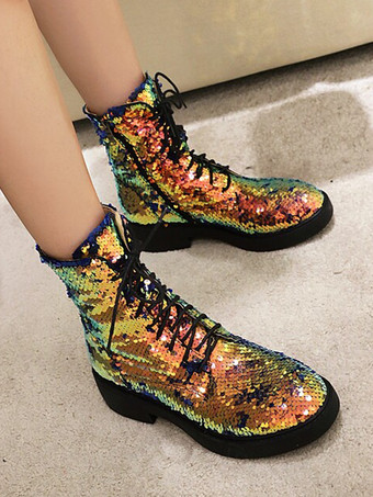 スパンコール アンクルブーツ フラット ラウンドトゥ レースアップ ブーティ レディース