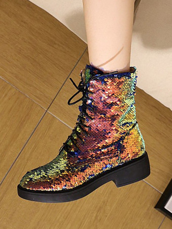 ゴールド スパンコール アンクルブーツ フラット ラウンドトゥ レースアップ ブーティ レディース