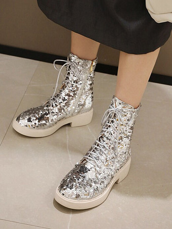 シルバー スパンコール アンクルブーツ フラット ラウンドトゥ レースアップ ブーティ レディース