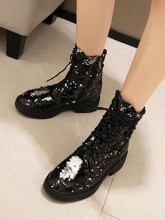 ブラック スパンコール アンクルブーツ フラット ラウンドトゥ レースアップ ブーティ レディース