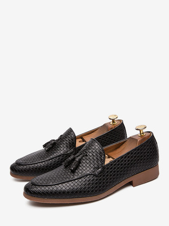 メンズ用タッセルローファーシューズ、スリッポンレザーペニーシューズ、ポインテッドトゥローヒールフォーマルシューズ