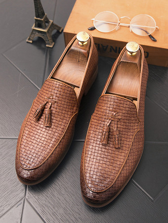 メンズ用タッセルローファーシューズ、スリッポンレザーペニーシューズ、ポインテッドトゥローヒールフォーマルシューズ