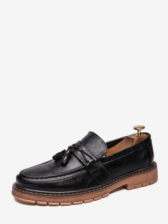 ブラック メンズ タッセルローファー スリッポン 装飾 ラウンドトゥ 厚底 ペニーシューズ