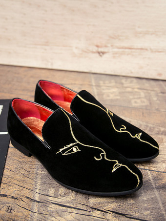 メンズ ローファー 刺繍 スエード ポインテッドトゥ モカシン シューズ スリッポン ローヒール ペニーシューズ