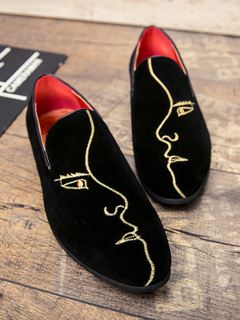 メンズ ローファー 刺繍 スエード ポインテッドトゥ モカシン シューズ スリッポン ローヒール ペニーシューズ