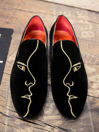 メンズ ローファー 刺繍 スエード ポインテッドトゥ モカシン シューズ スリッポン ローヒール ペニーシューズ