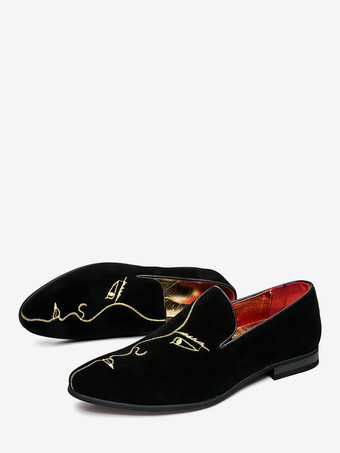 ブラック メンズ ローファー 刺繍 スエード ポインテッドトゥ モカシン シューズ スリッポン ローヒール ペニーシューズ