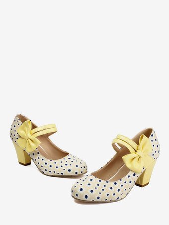 Zapatos Mary Jane amarillos con lunares punta redonda lazo estilo vintage