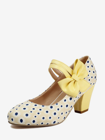 AmarilloZapatos Mary Jane amarillos con lunares punta redonda lazo estilo vintage