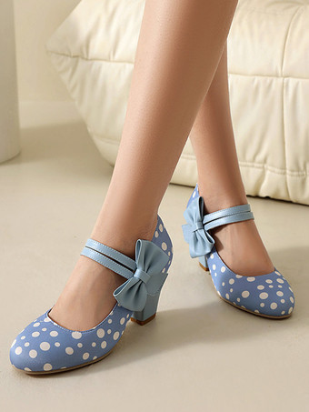 Azul celeste claroZapatos Mary Jane amarillos con lunares punta redonda lazo estilo vintage