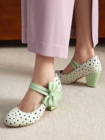 Zapatos Mary Jane amarillos con lunares punta redonda lazo estilo vintage