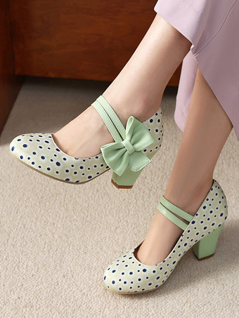 verde claro Zapatos Mary Jane amarillos con lunares punta redonda lazo estilo vintage