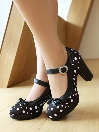 negro Zapatos vintage de tacón alto para mujer con punta redonda lazo y lunares Mary Jane