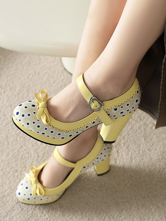 AmarilloZapatos vintage de tacón alto para mujer con punta redonda lazo y lunares Mary Jane