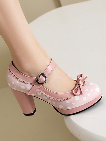 Zapatos vintage de tacón alto para mujer con punta redonda lazo y lunares Mary Jane